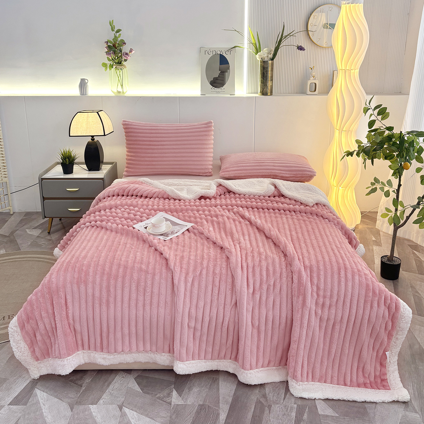 New Double-layer Striped Lambswool Flannel Blanket photo 2