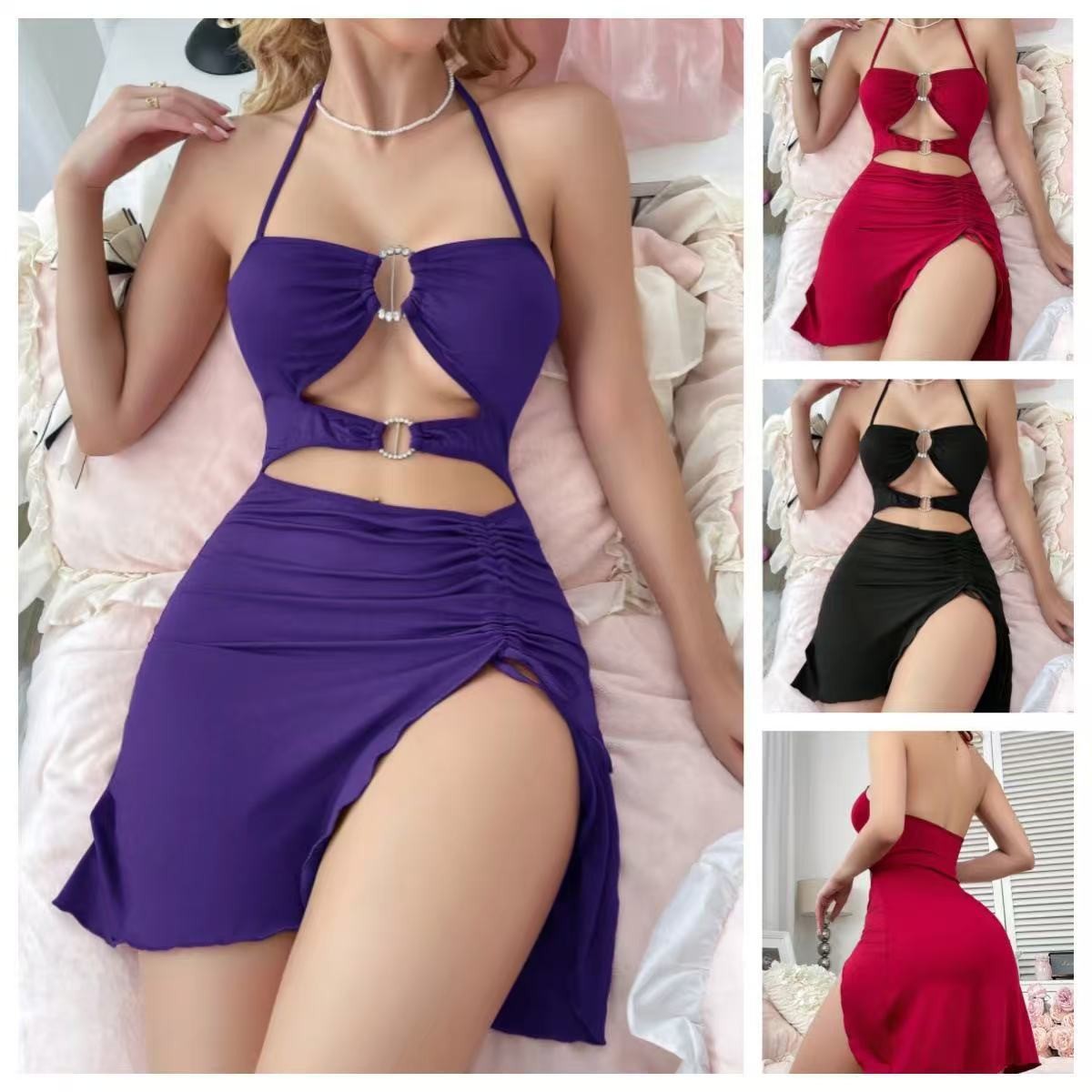 Womens Halter-Neck Slim-Fit Split Dress With Drawstring photo 4