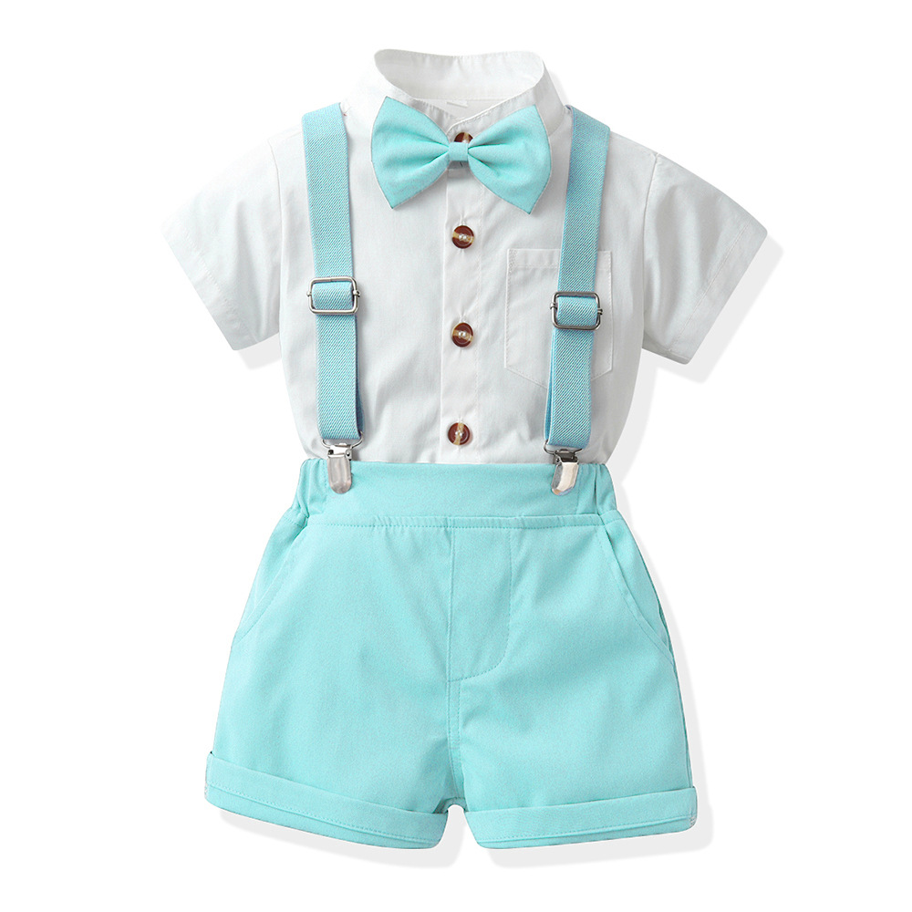 Boys Candy-Colored Stand-Neck Short-Sleeve Suspender Pants Set photo 8