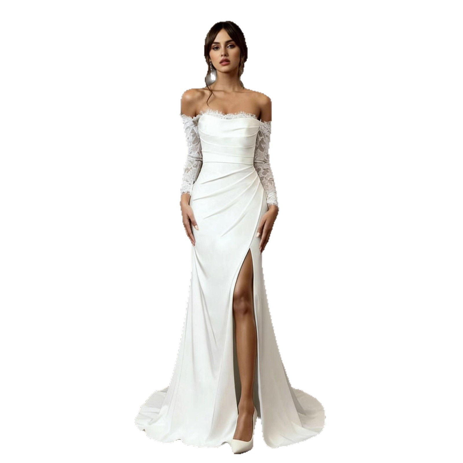 One-shoulder Lace Long-sleeve Light Wedding Dress photo 4