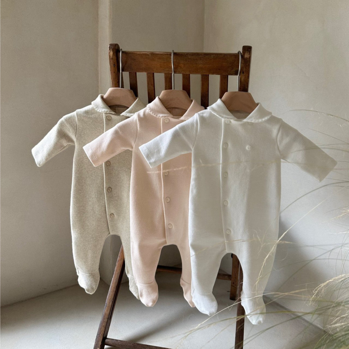 Newborn Clothes Peter Pan Collar Open Chest Jumpsuit photo 1