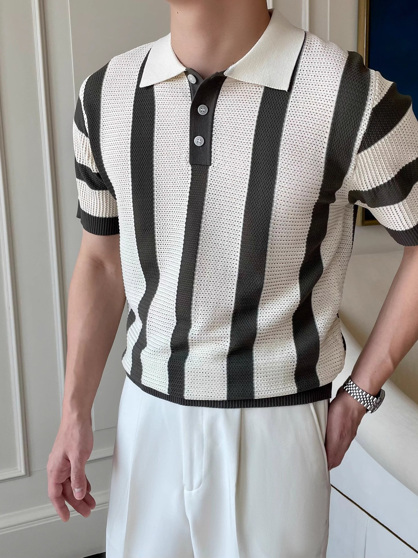 Striped Knitted Polo Shirt Men's Cool & Dashing Lapel T-Shirt photo 4