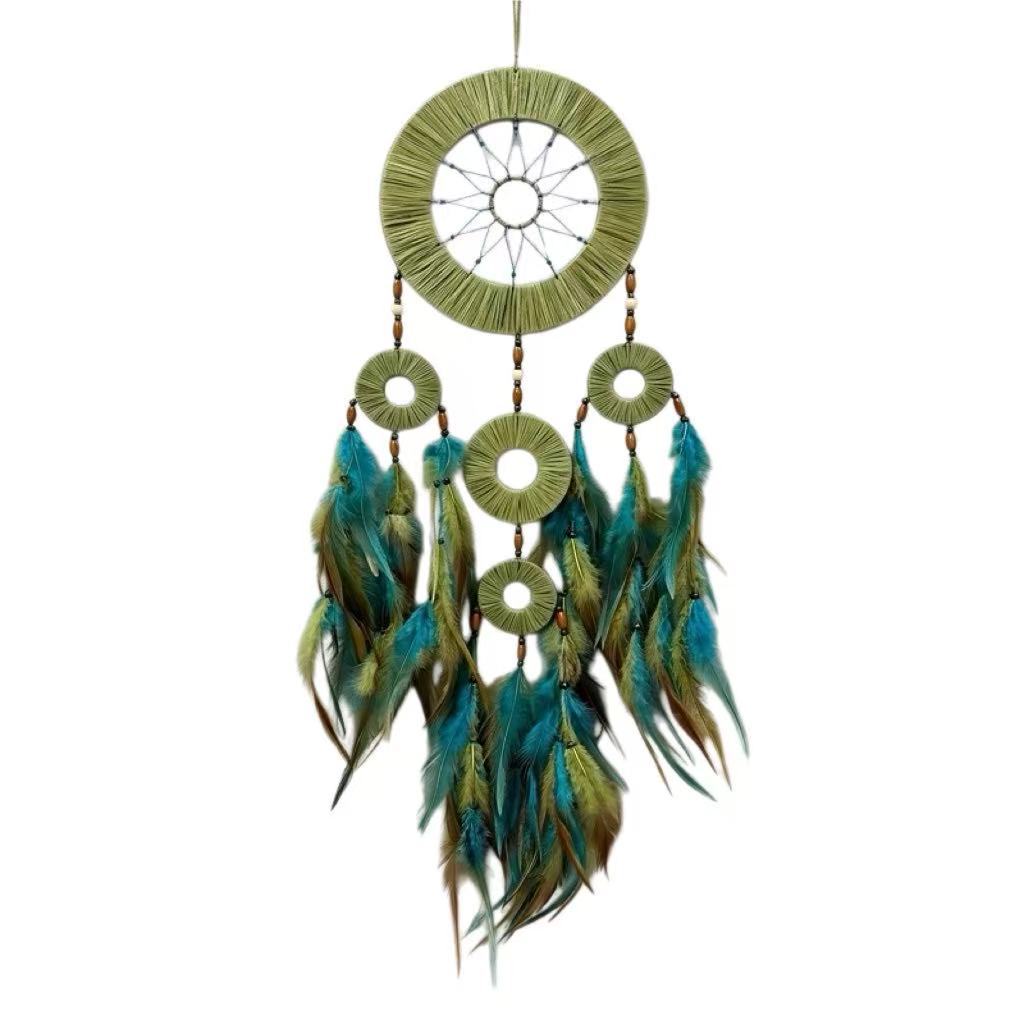 Forest Green Bohemian Five Ring Dreamcatcher - Feather Wall Hanging Decor for Home Bedroom Nursery photo 6