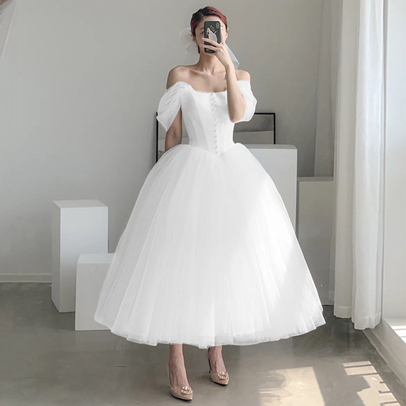French-style Off-shoulder Light Wedding Dress Midi Length photo 8
