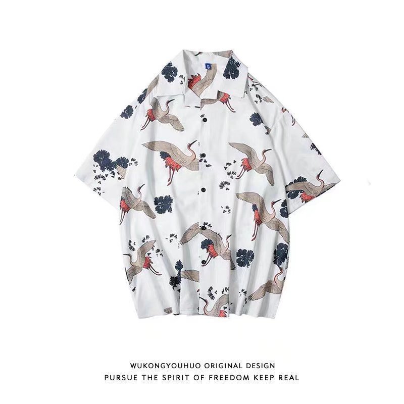 Men's Short-sleeve Shirt Summer Chinese-style Trendy Crane-printed Oversized Beach Shirt For Couples photo 3