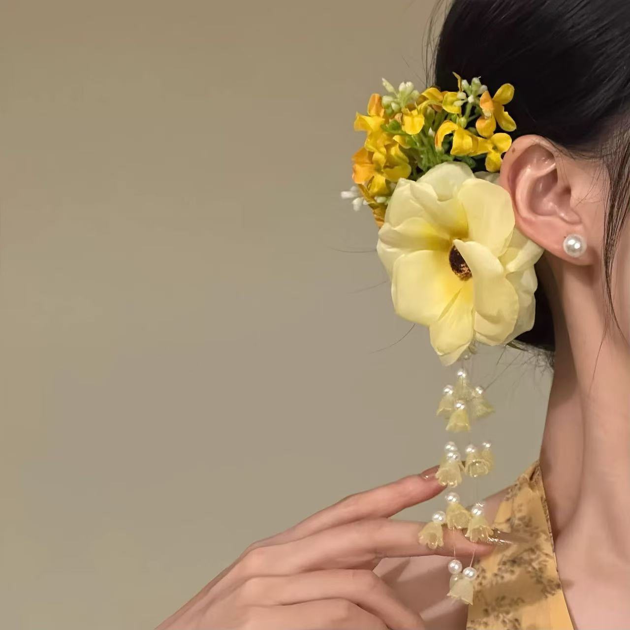 Super Fairy Pure Desire Yellow Atmosphere Pearl Linglan Tassel Side Clip Hair Accessories photo 2