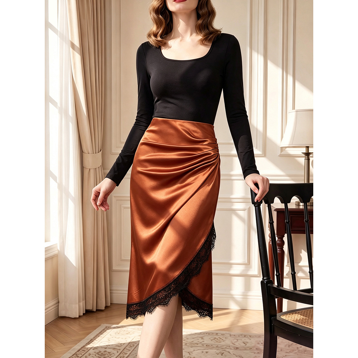 European And American Caramel-colored Satin Skirt For Women photo 4
