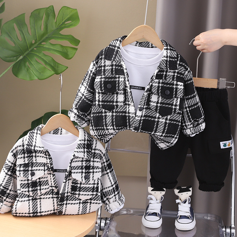 Spring And Autumn Casual Plaid Long-Sleeved Shirt Three-Piece Set photo 1