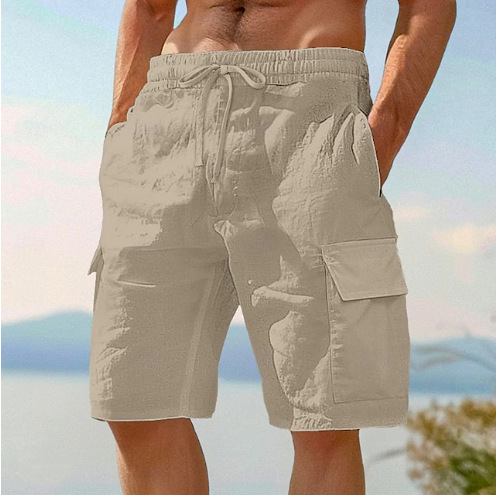 Beach Shorts With Elastic Waist Drawstring Multiple Pockets Solid Color photo 5