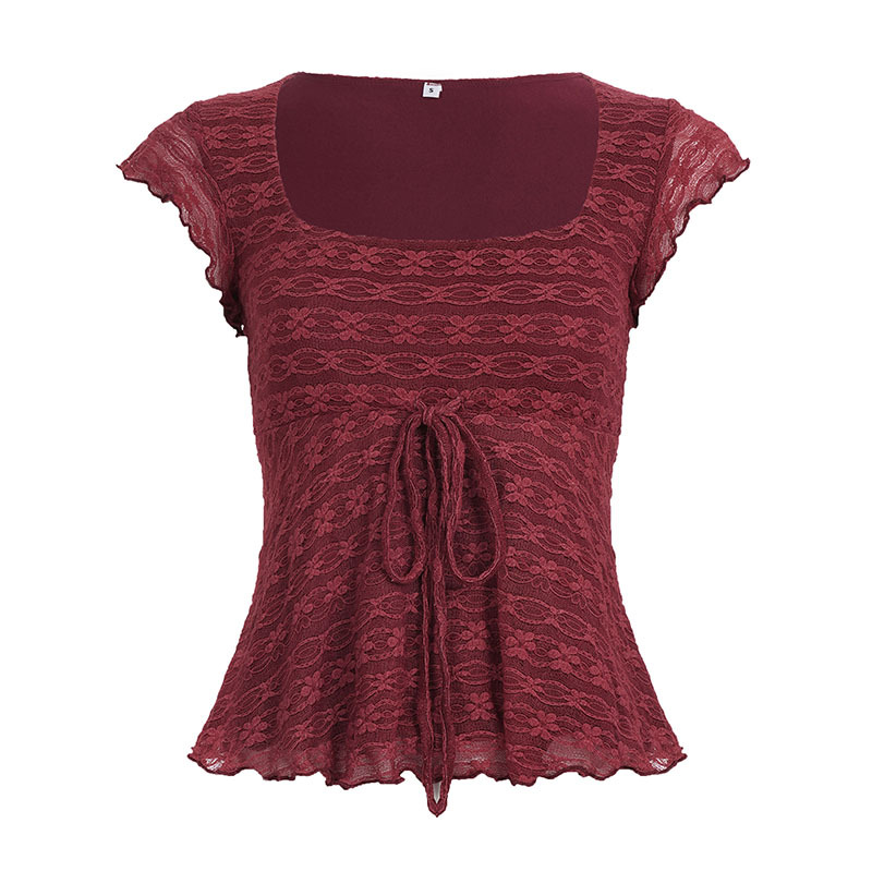 Women's Red Wood Ear Lace-Trimmed Square-Neck Sleeveless Top photo 5