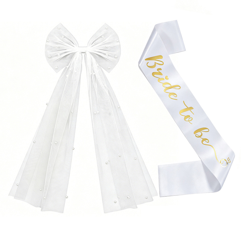 Bridal Veil With Pearl Bow Hair Clip And Gold-stamped Sash Set For Bachelorette Parties photo 7