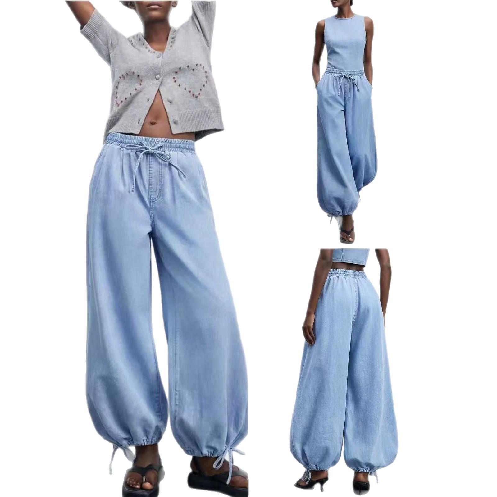 Draping Wide-leg Washed Denim Pants With A Drawstring Elastic Waist And Ankle Cuffs photo 4