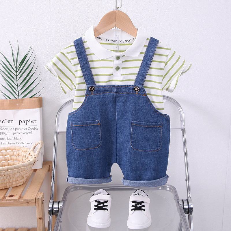 Boys Striped Lapel Denim Dungaree Set 2-Piece photo 6