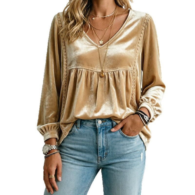 V-neck Lace Velvet Casual Loose-fitting Long-sleeve Top photo 3