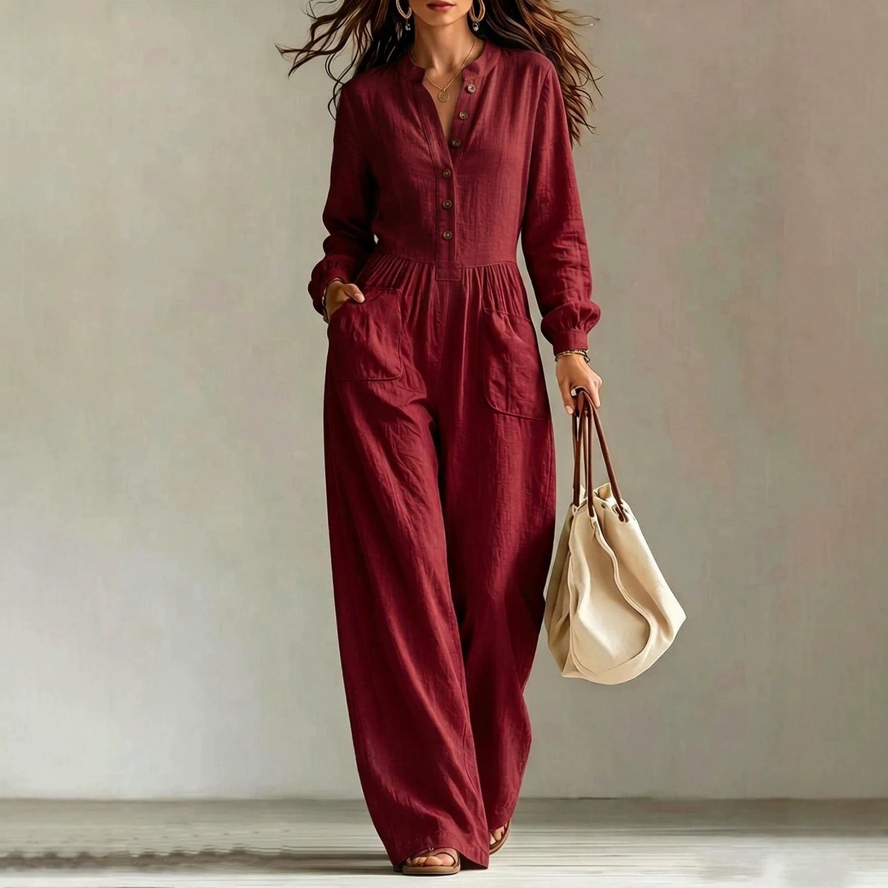 Jumpsuit With Buttons Waist-cinching Design And Pockets photo 8