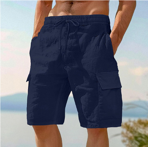 Beach Shorts With Elastic Waist Drawstring Multiple Pockets Solid Color photo 2