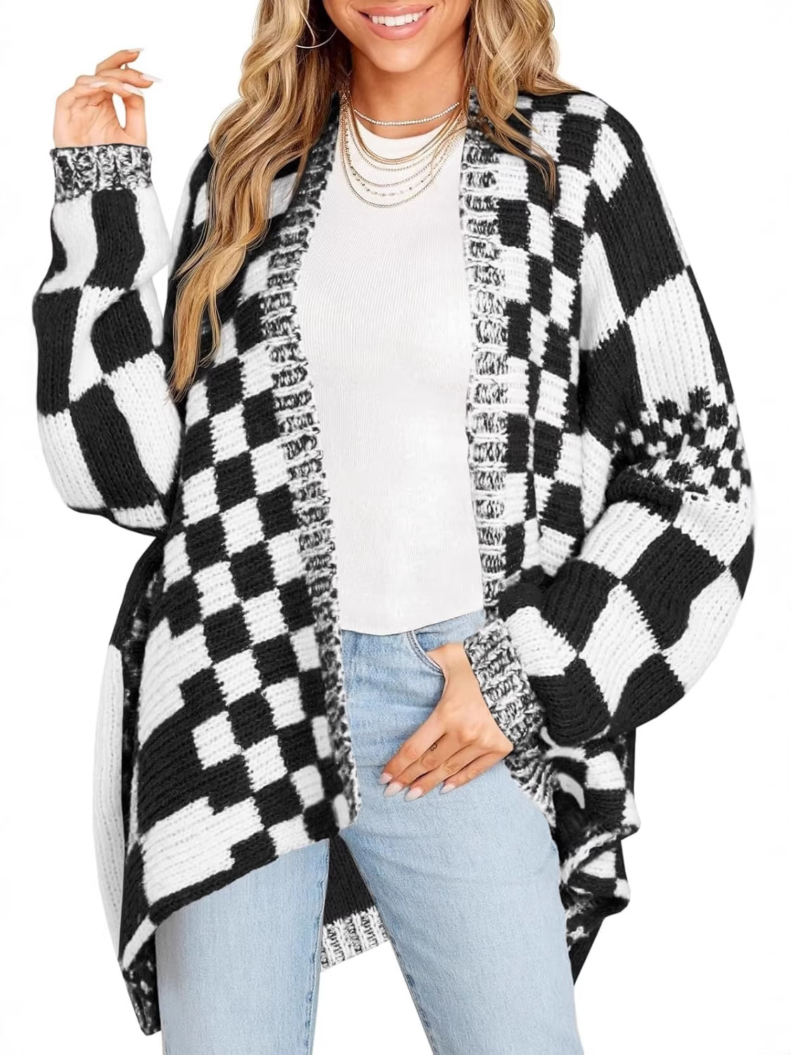 High-end Large-check Color-block Knit Cardigan photo 3