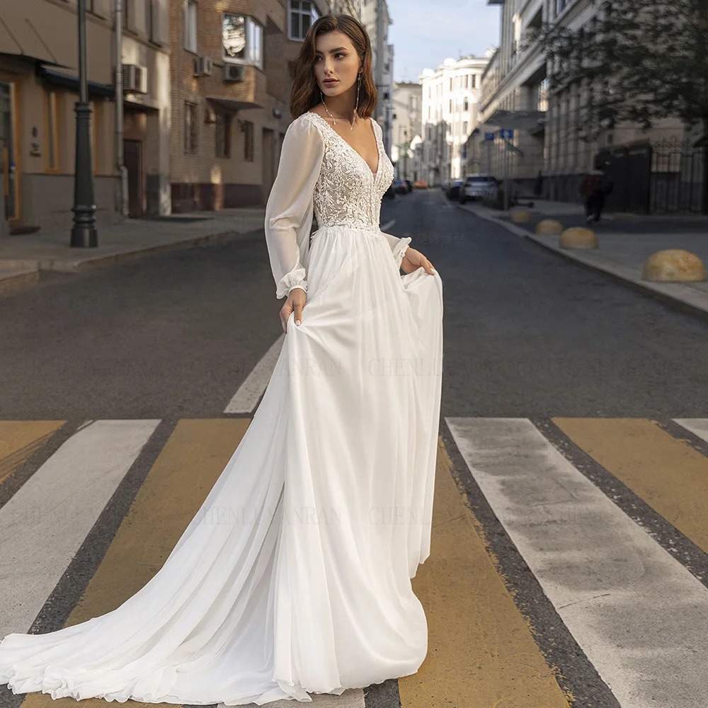 French-style V-neck Long-sleeved Lace Light Wedding Dress photo 1