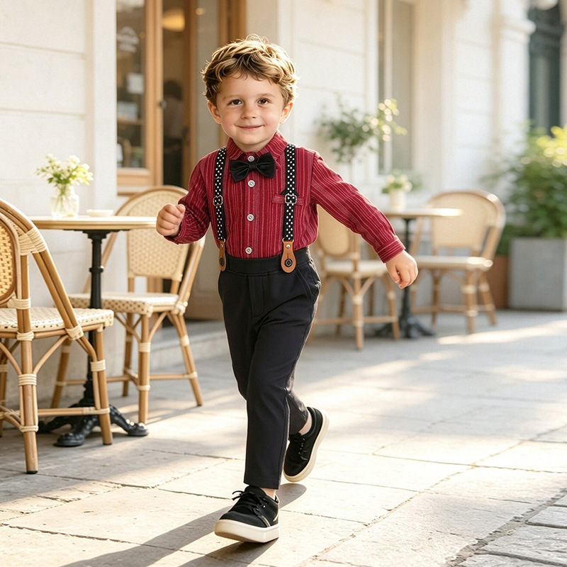 Boy's Gentleman-style Set Red Shirt Bow Tie And Suspender Pants photo 1