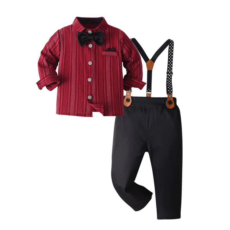 Boy's Gentleman-style Set Red Shirt Bow Tie And Suspender Pants photo 3