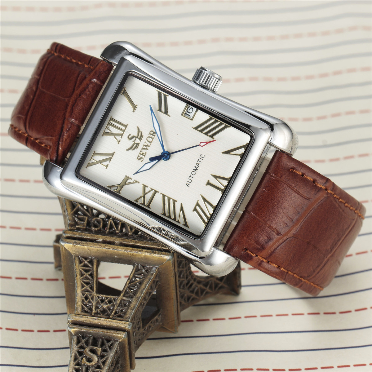Mens Automatic Mechanical Square-case Leather-strapped Mens Watch Calendar Wristwatch photo 2