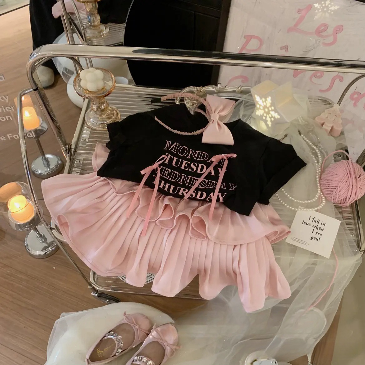 Girls' Pleated Skirt Western Style Letter T-shirt Two-piece Suit photo 8