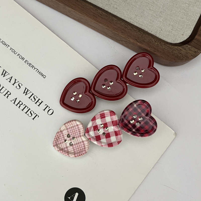 Sweet Plaid Heart-button Hair Clip Side-parting Bangs photo 7
