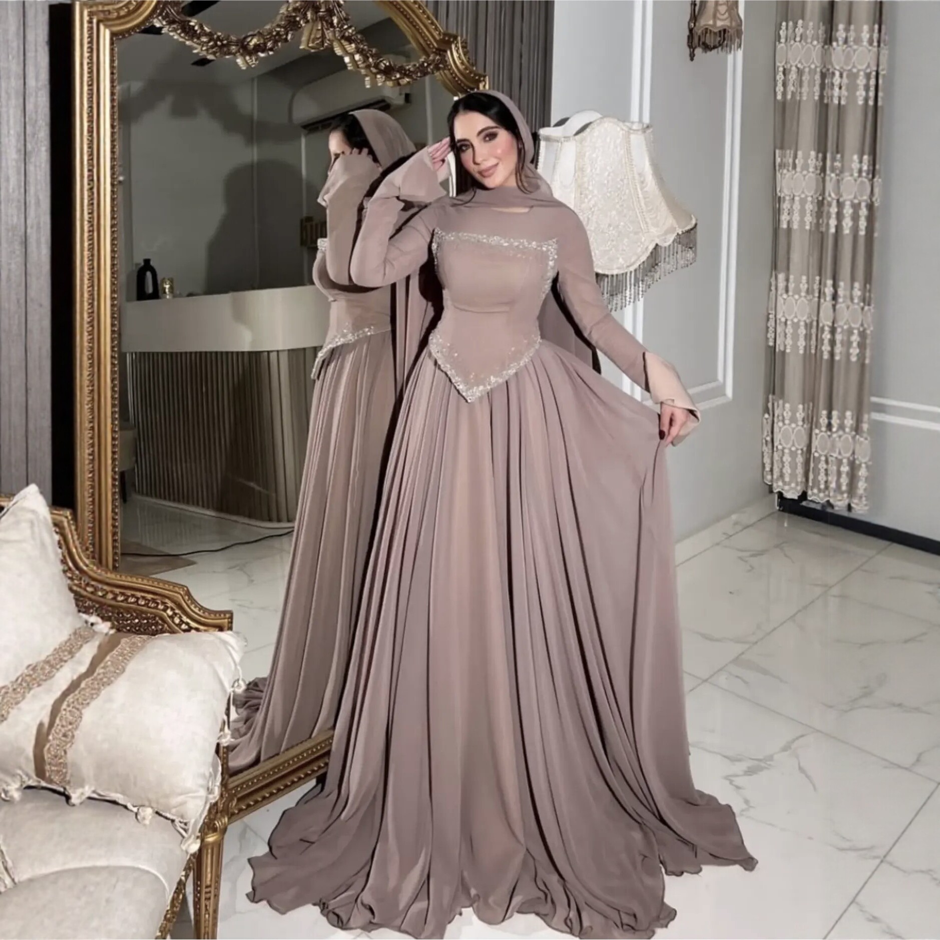 Elegant Long-Sleeve Rhinestone-Embellished Evening Gown photo 1