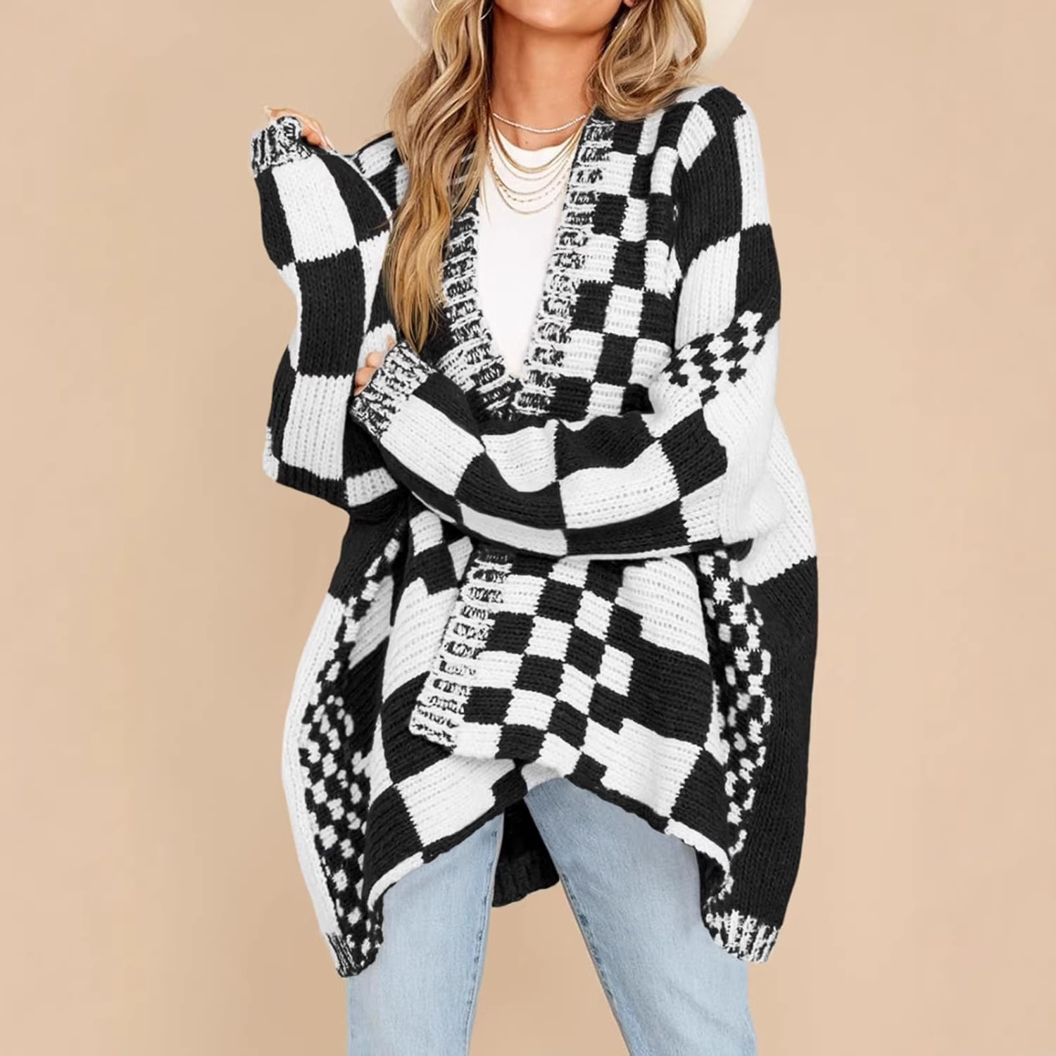 High-end Large-check Color-block Knit Cardigan photo 1