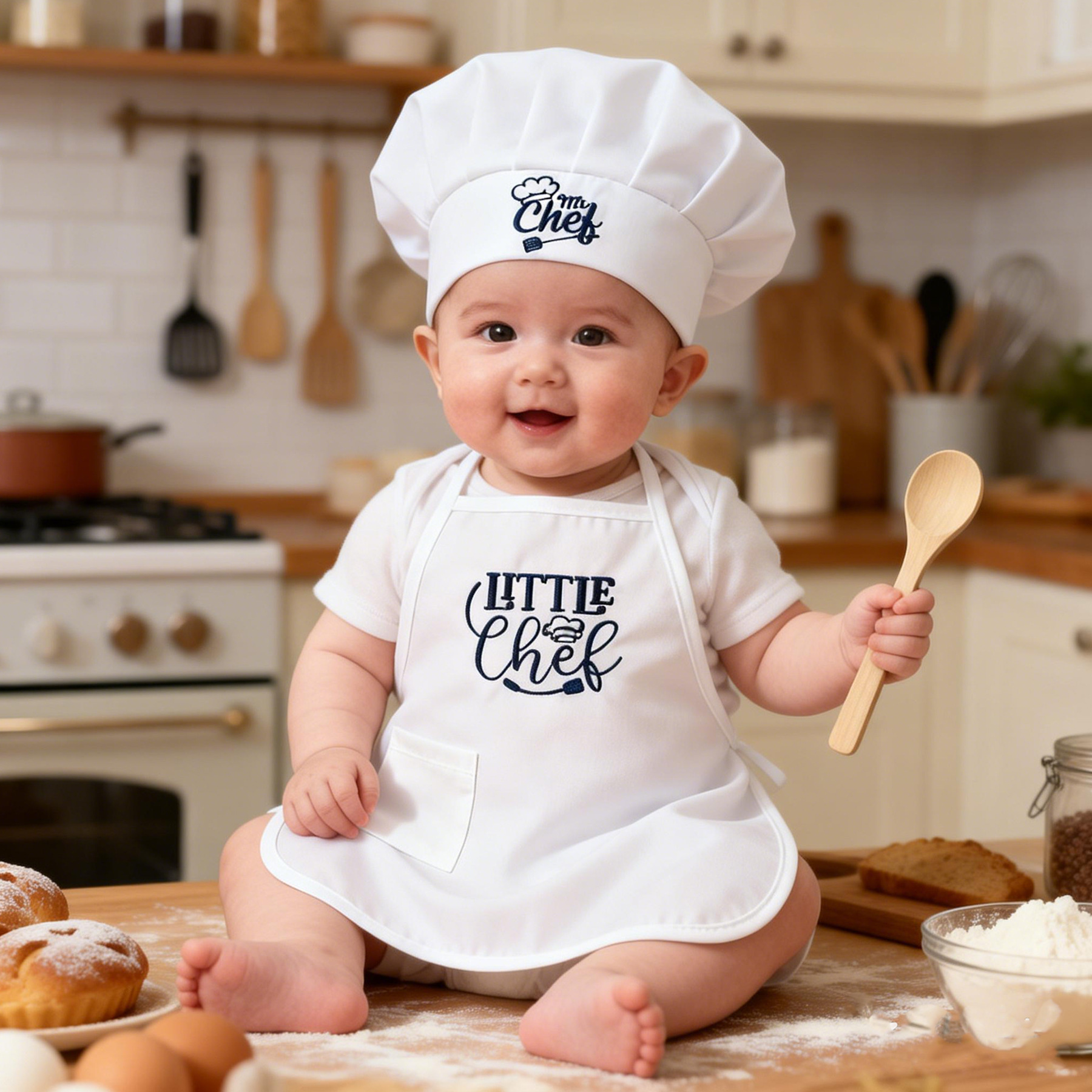 One-month-old Baby Photo Outfit Tall-top Hat Lace-trimmed Embroidery Little Chef Costume photo 2
