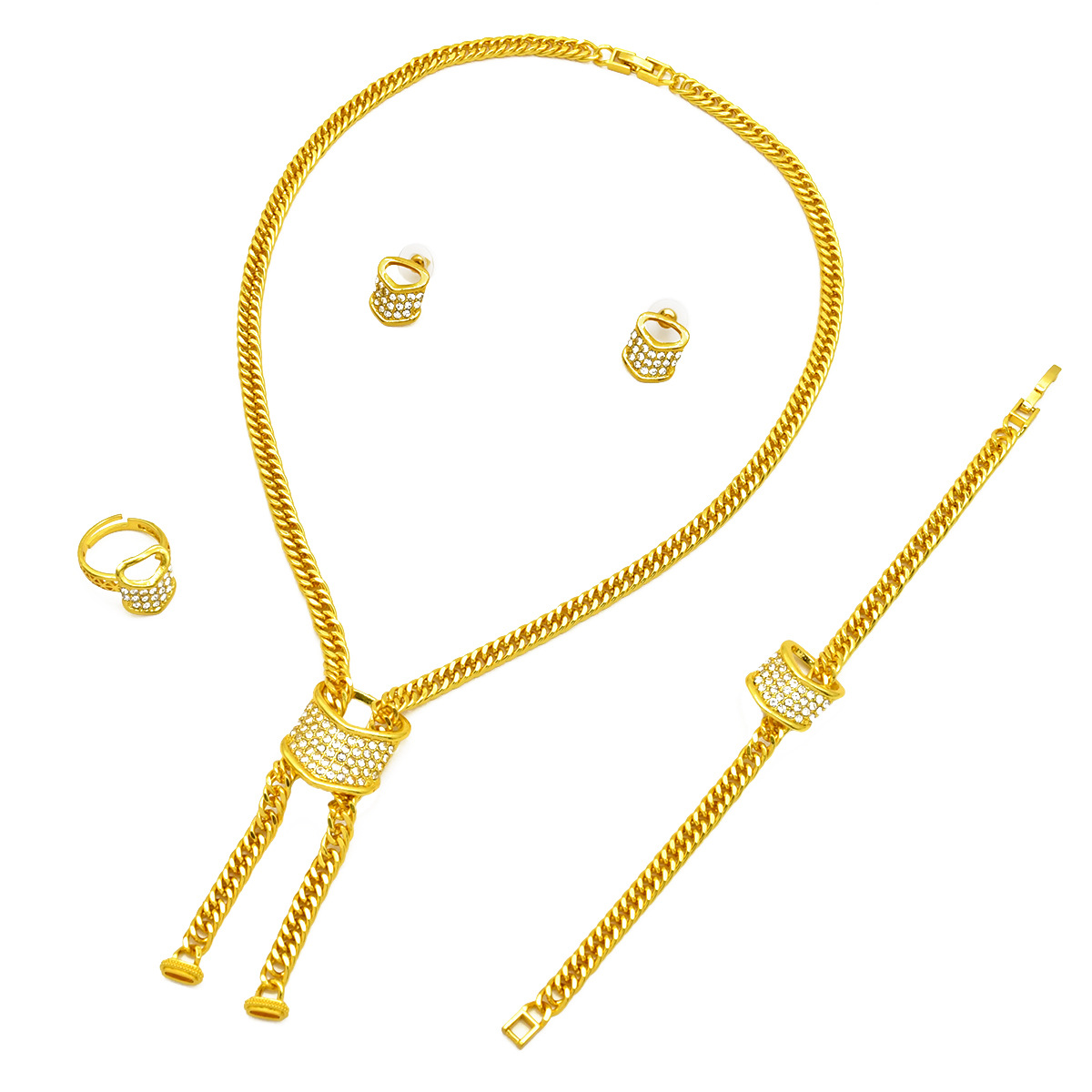 Best-selling Dubai Bride 24k Gold-plated Necklace Bracelet Earring Ring Four-piece Set photo 5