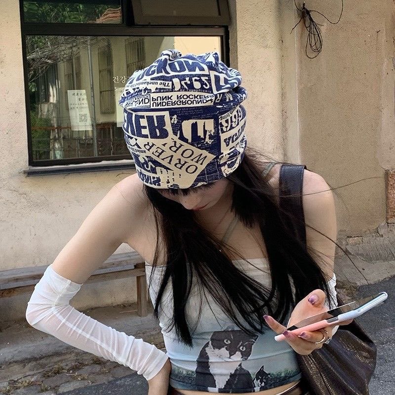 Vintage Newspaper Print Headscarf Face Framing Pleated Wrap For Women Retro Style Hair Accessory photo 4