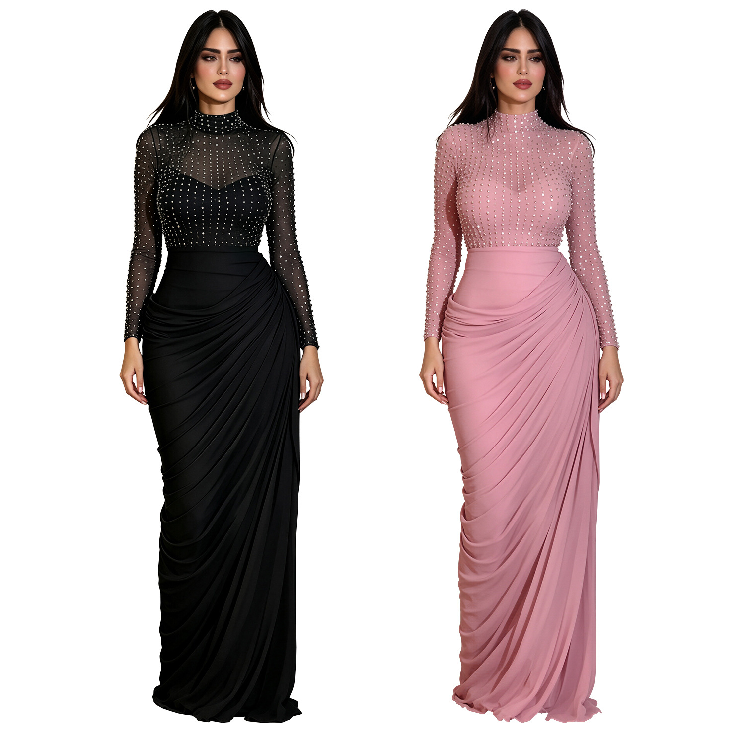 Mesh Long-sleeve Pleated Bodycon Sheath Dress photo 7