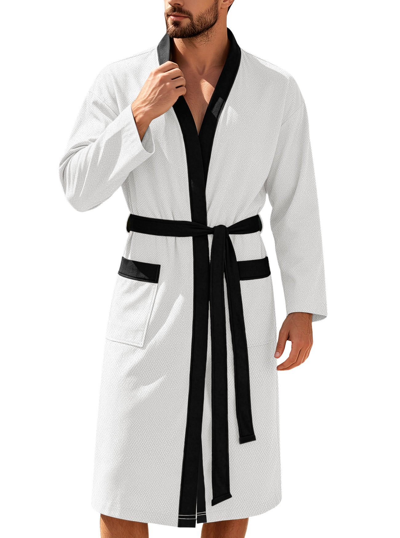 Mens Twill Terry Cloth Casual Long Robe With Two Pockets And Drawstring Tie photo 7