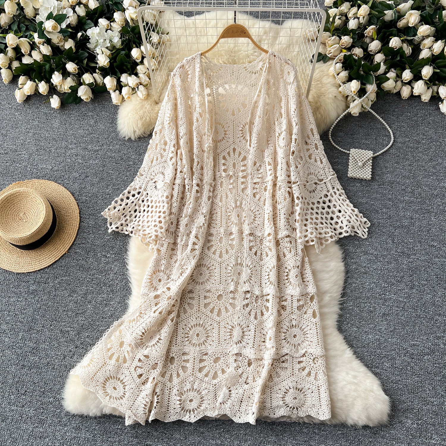 Versatile Slimming Hollow-out Crochet Knit Cardigan Womens Resort-style Outerwear Shawl photo 1