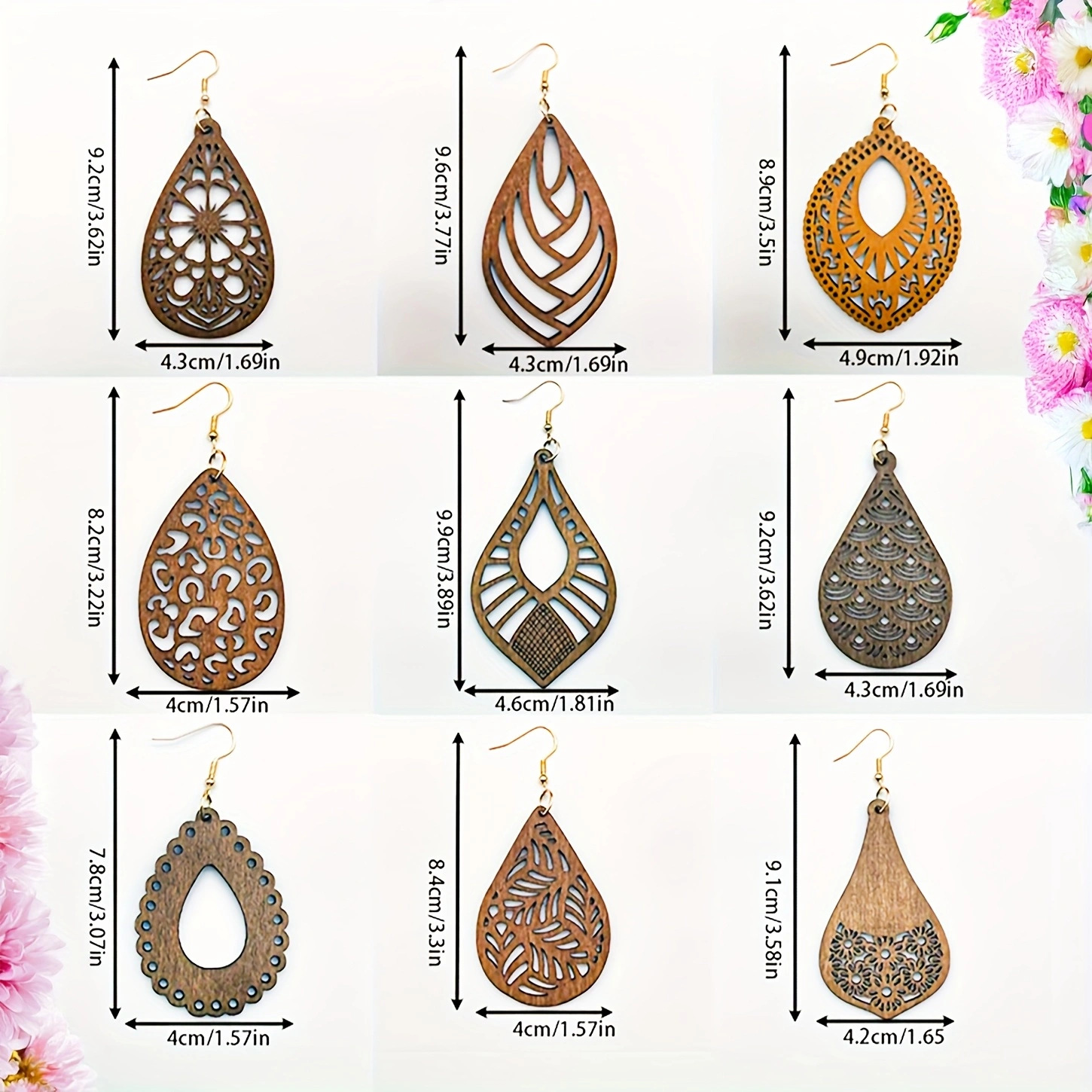 Wooden Vintage Hollow Carved Pattern Pendant Earring Set photo 3