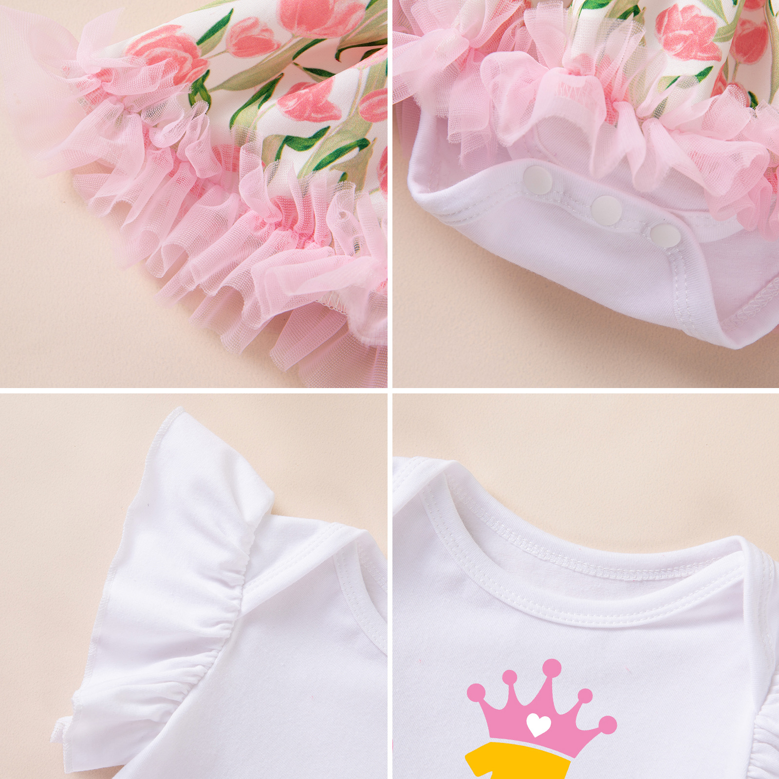 Birthday Outfit Flutter-Sleeve Romper Crawling Suit PP Pants And Bow Headband Set photo 7