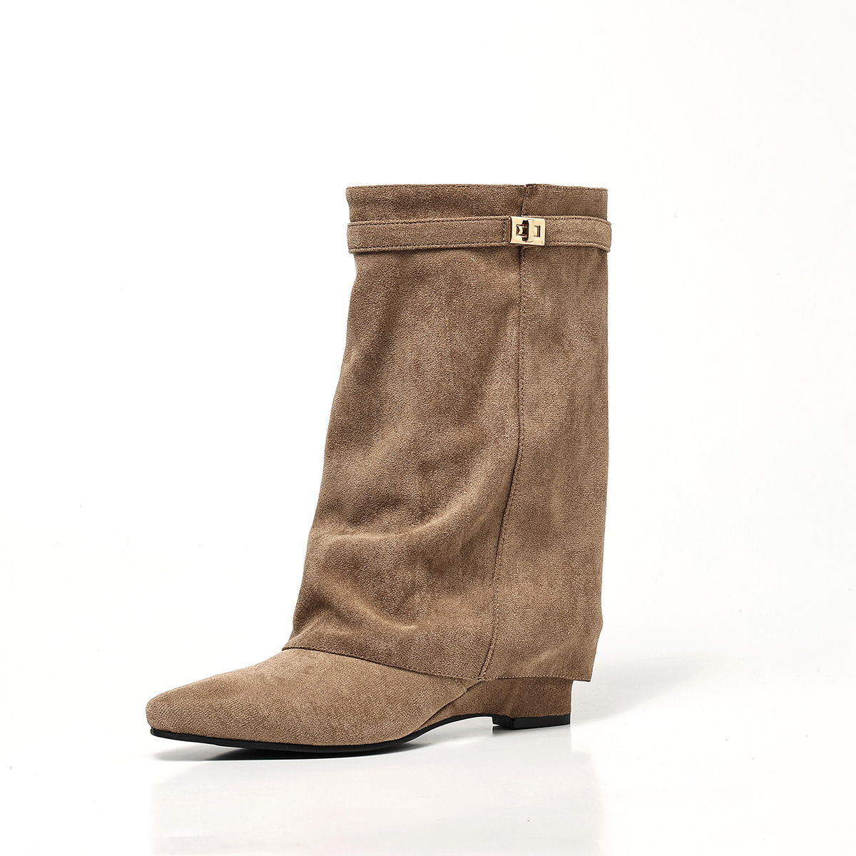 European And American-style Suede High-heeled Boots With A Tapered Leg Metal Buckles Pointed Toe And Pleated Detailing photo 3