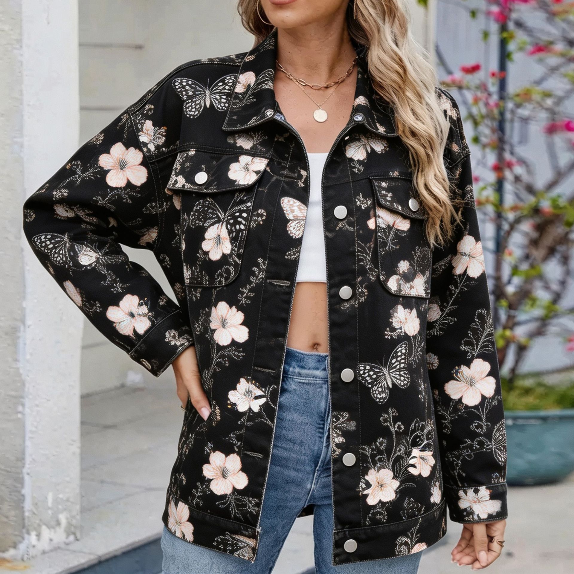 Women's Denim Jacket With All-Over Plant Print photo 5