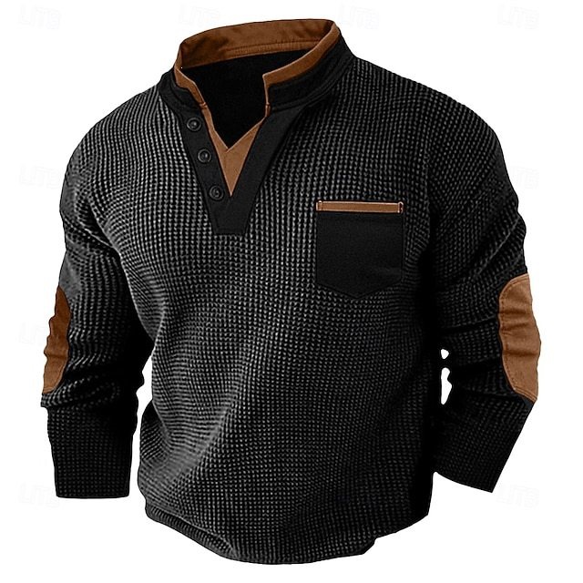 Men's New Casual Texture Waffle Long Sleeve Top photo 3