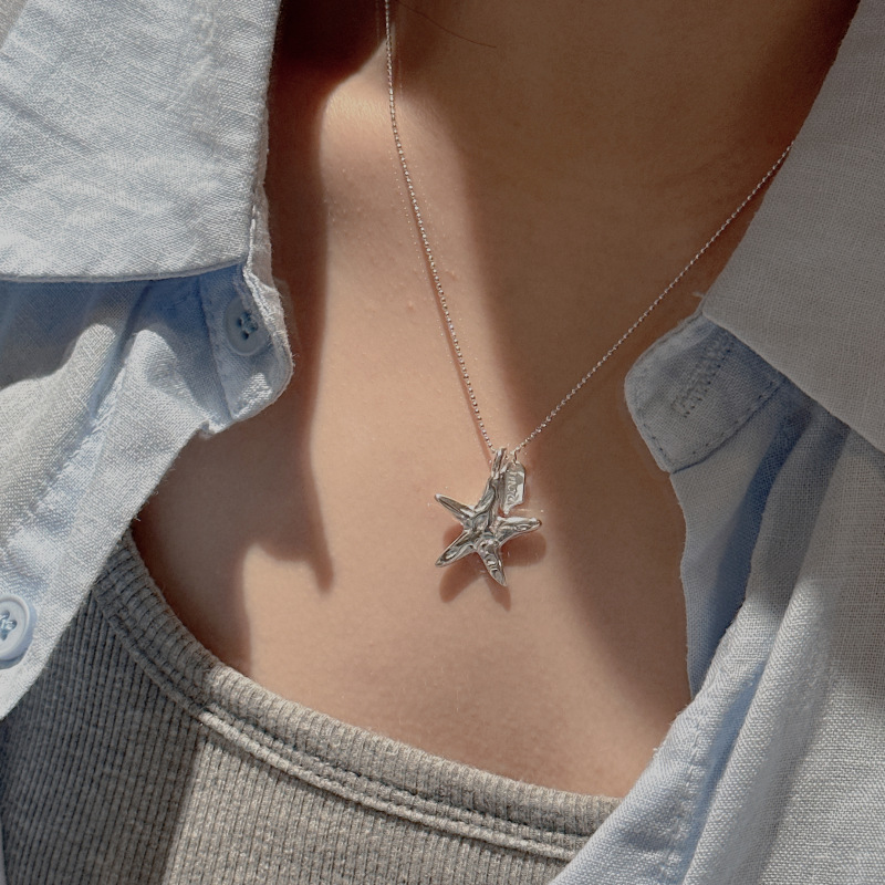 S925 Silver Korean-style Niche-design Summer Starfish Necklace Clavicle-length Chain photo 5