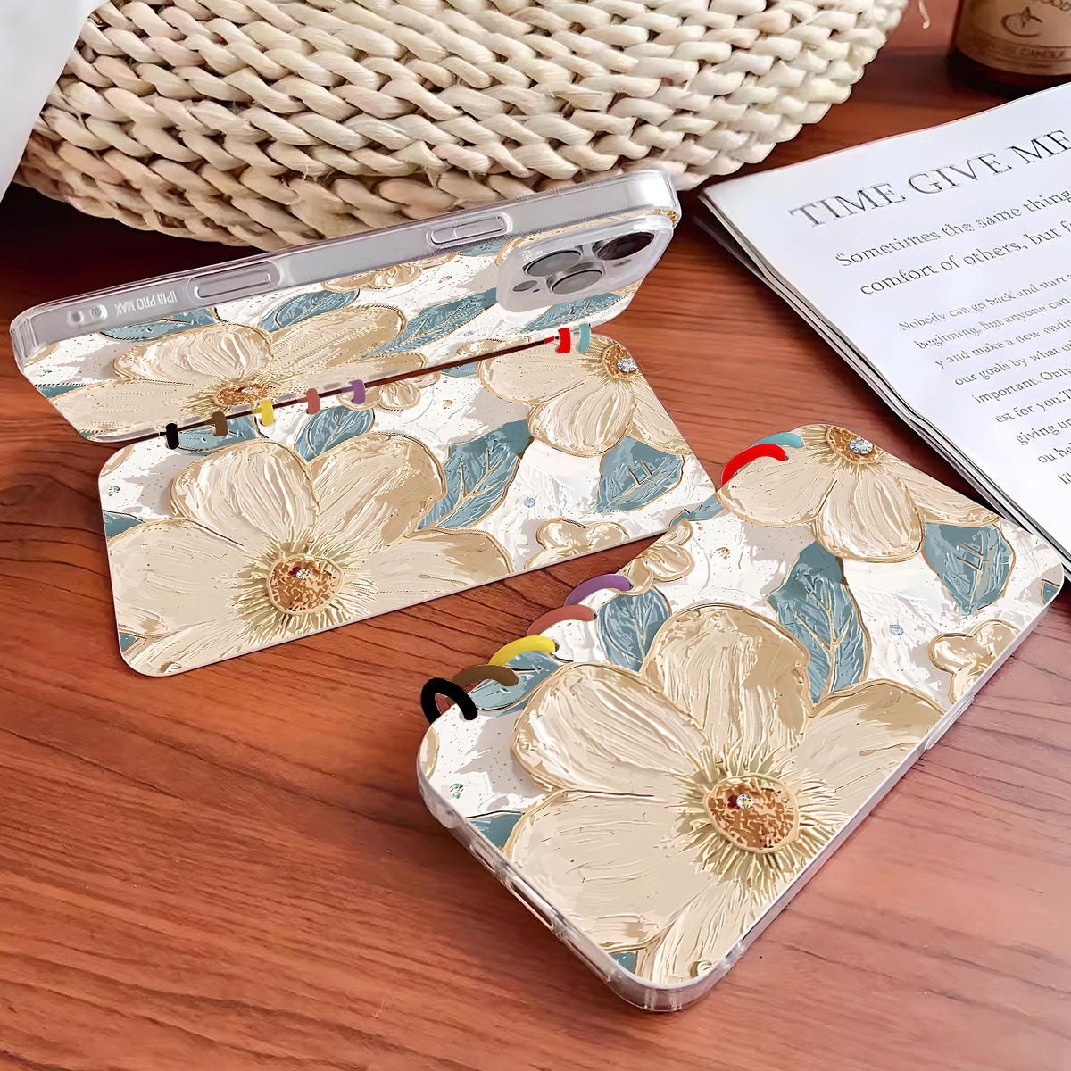 Beige Large Floral Pattern Notebook Flip Case For Phones photo 3