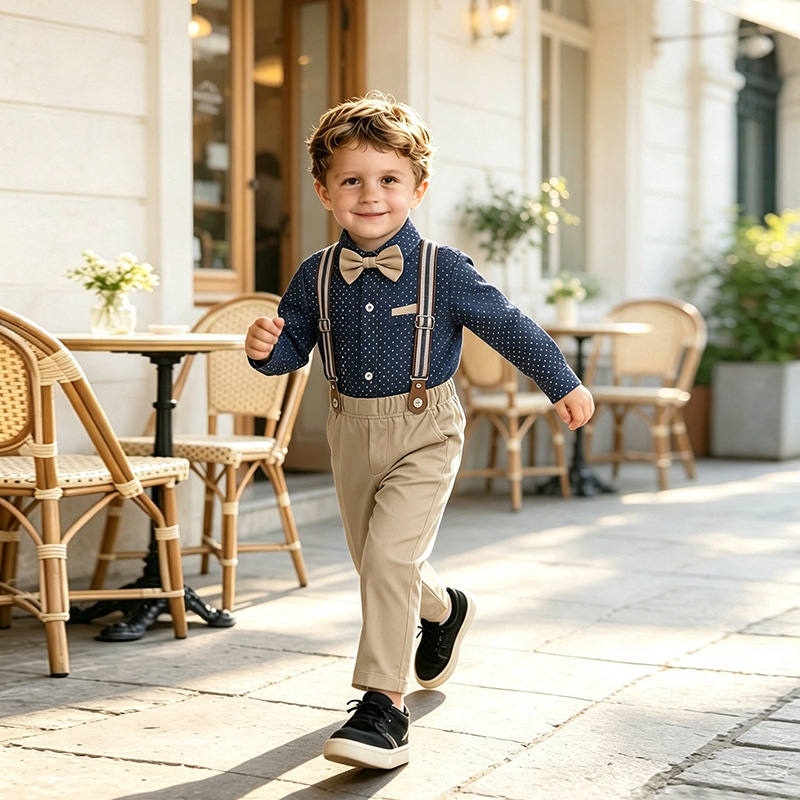 Long-sleeve Bow Tie Overalls Chic Boys Outfit photo 1