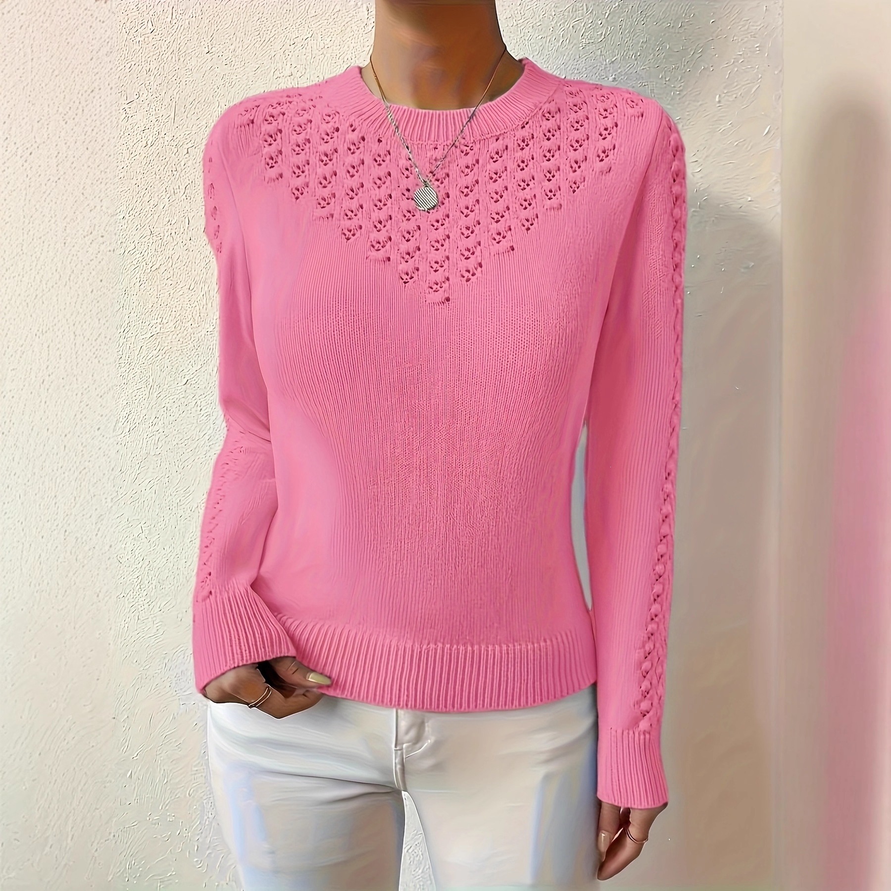 Solid-color Hollow-out Knit Crew-neck Long-sleeve Sweater photo 2