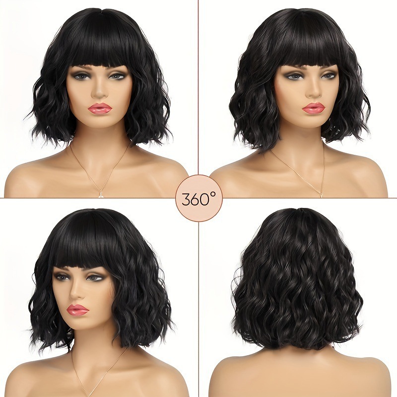Womens Blunt Bangs Short Curly Wig, Water-wave Style photo 7