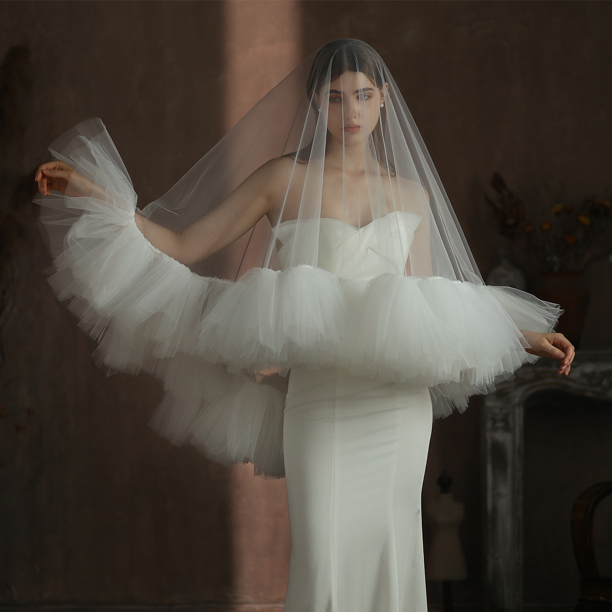 Heavy Industry Ruffled Bridal Veil White Double Layer Studio Travel Photo Exterior Puffy Soft Veil photo 4