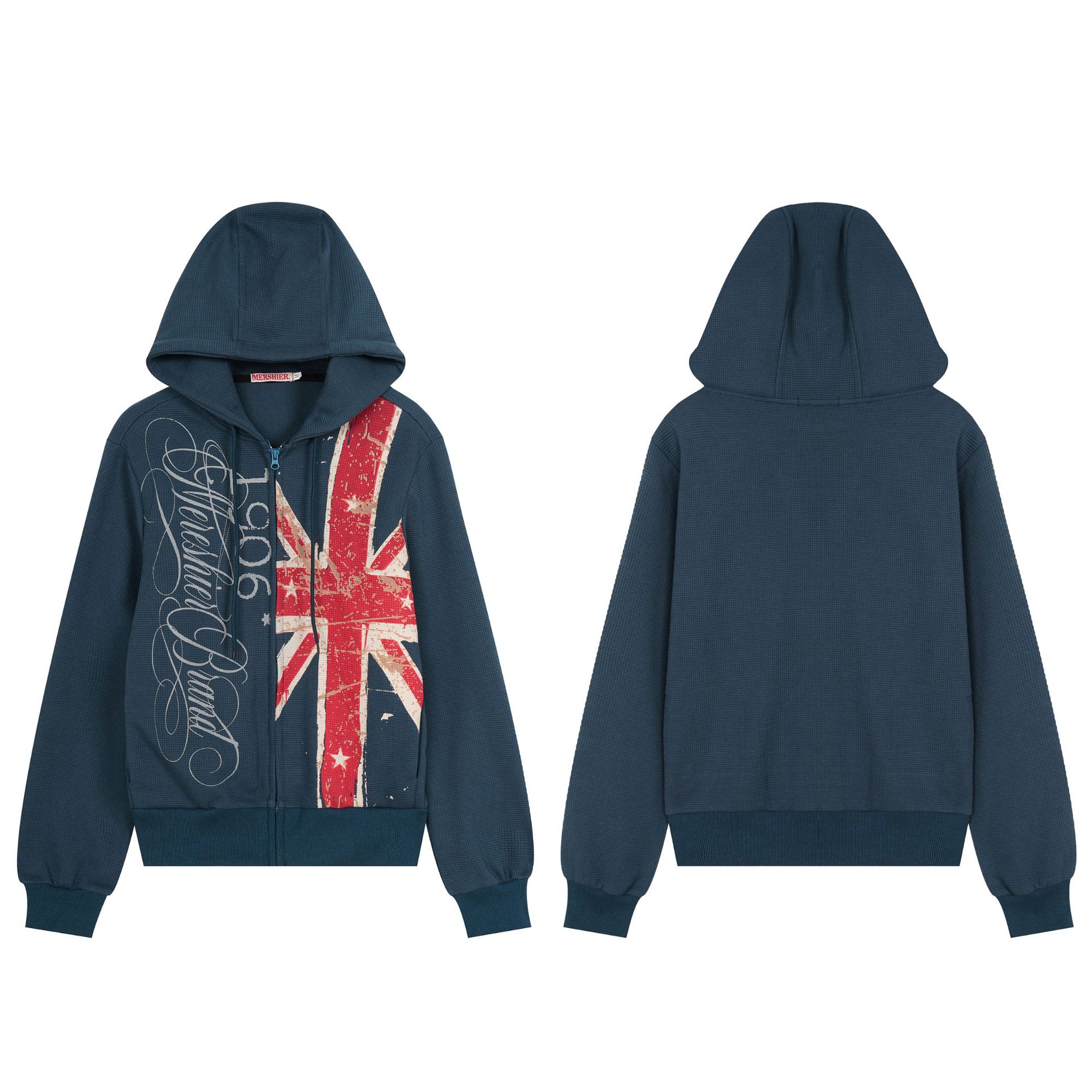 American-style Distressed Letter-print Hooded Zip-up Sweatshirt Jacket photo 3