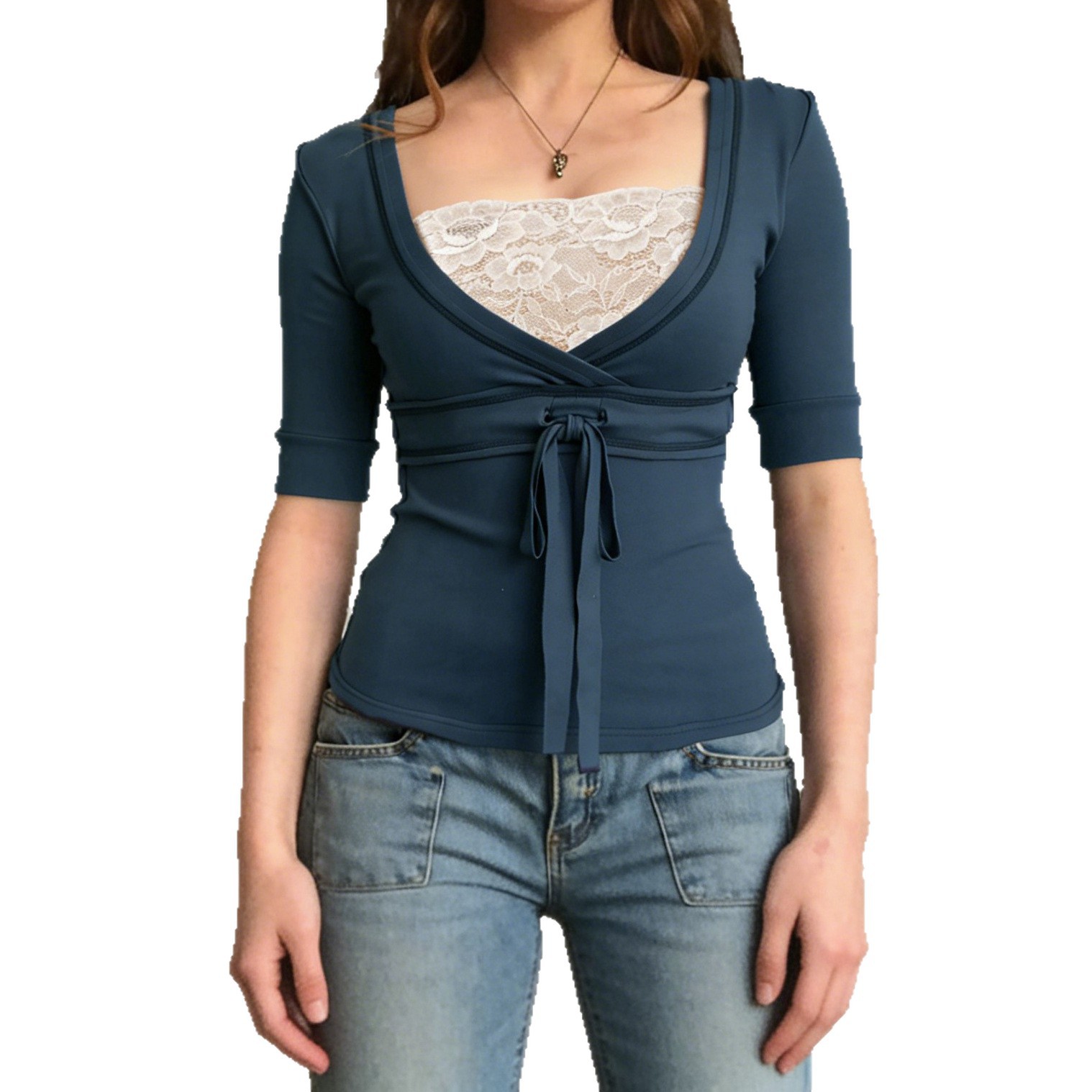 Retro Lace-matched Faux Two-piece Contrast-color Short-sleeved Top photo 2