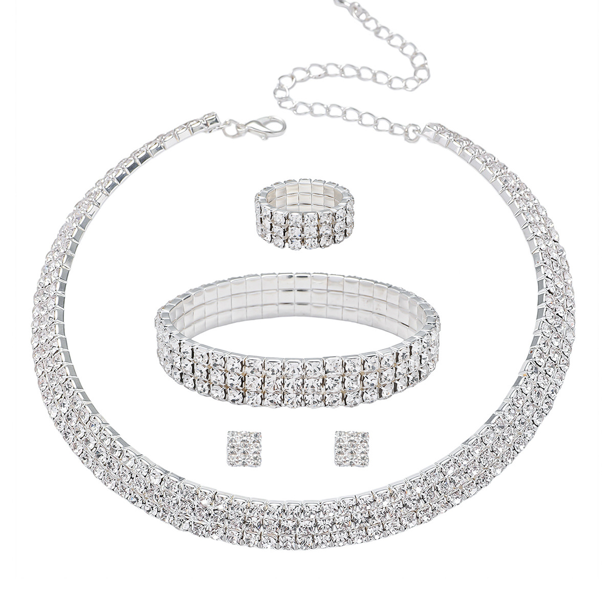 Full-cubic-zirconia Claw Chain Bracelet Stud Earrings And Ring Four-piece Set photo 8