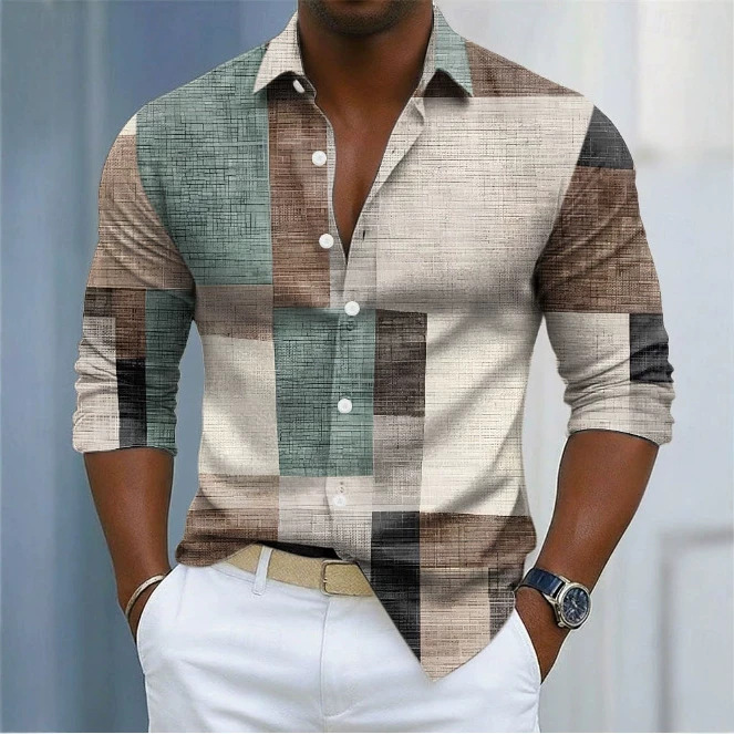 Men's Geometric Color-Block Plaid Pattern Shirt photo 7